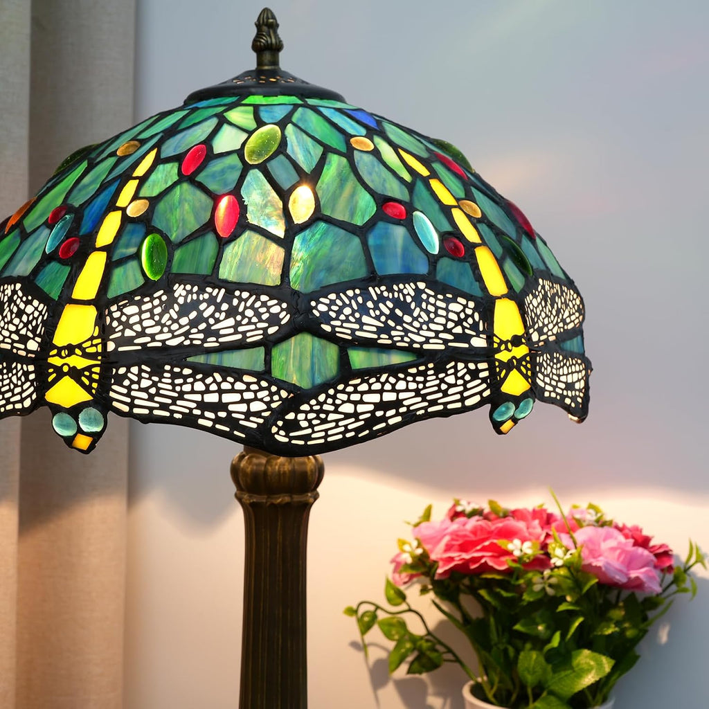 Tiffany Lamp Dragonfly Style Green Stained Glass Lamp Bedroom Table Lamp Reading Desk Light for Bedside Living Room Office Dormitory Dining Room Decorate Gift