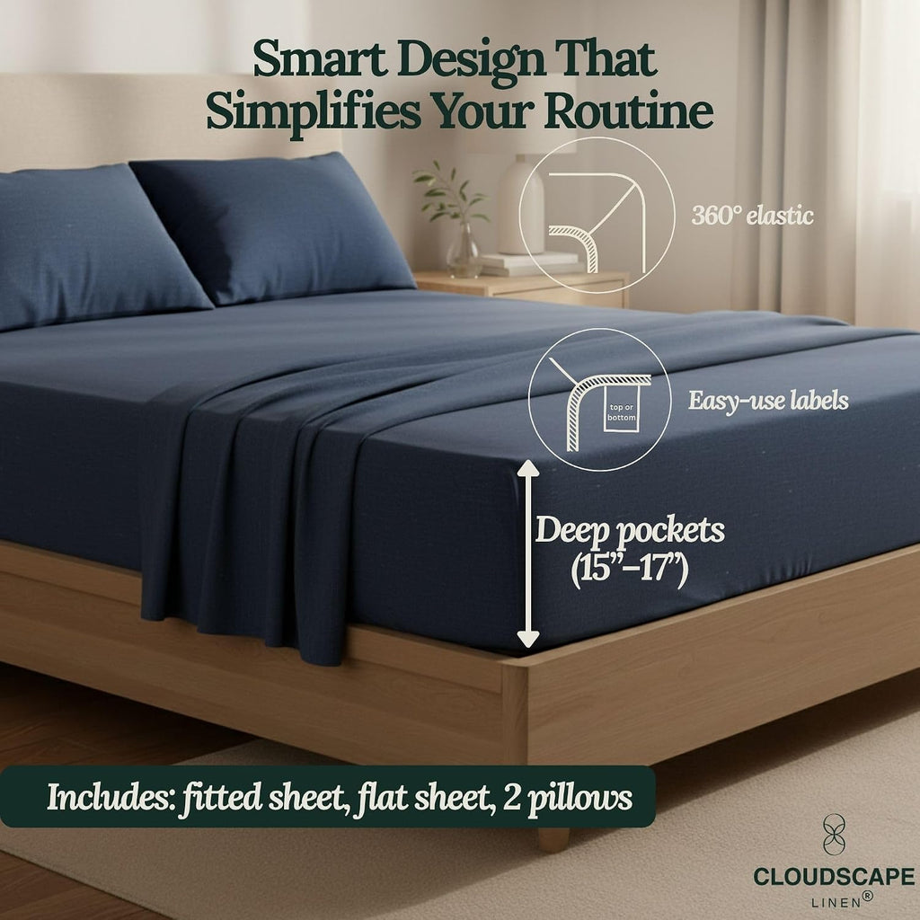CLOUDSCAPE 100% Egyptian Cotton Sheets Queen Size, 4 Pcs Breathable & Silky Sateen Weave Queen Sheet Set, Ultra-Soft & Cooling Hotel Luxury Sheets, Deep Pocket Fitted up to 15', Dark Denim
