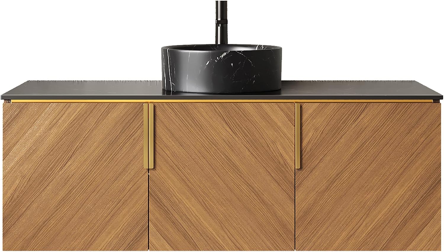 48 Inch Bathroom Vanity with Single Sink, Floating Vanity with Vessel Sink, Modern Bathroom Vanity Cabinet with 3 Doors, Sintered Stone Countertop and Black Round Basin,Brown Oak