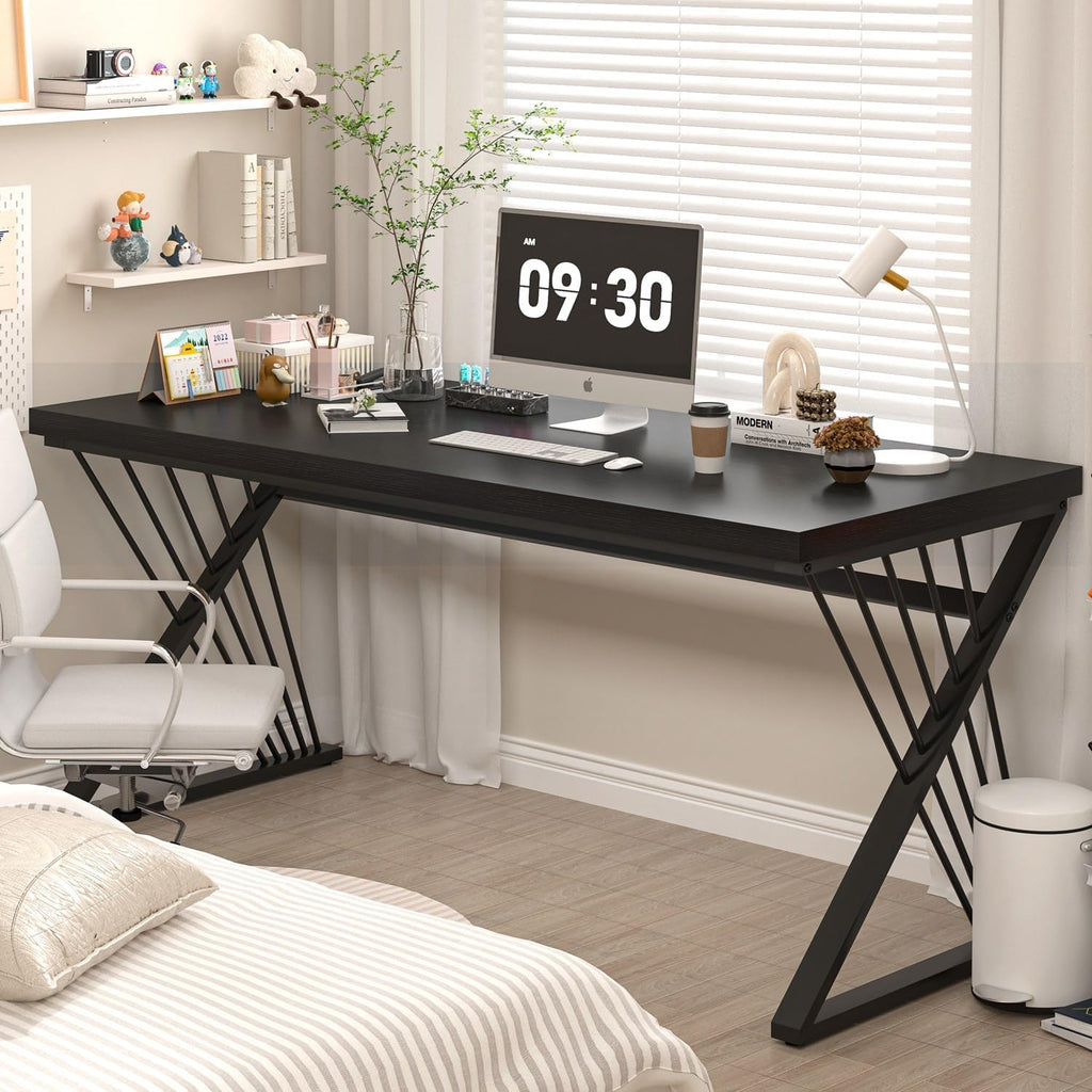 FOLUBAN Black Desk, Modern Wood and Metal Computer Desks for Home Office, Simple Writing Work PC Desk for Bedroom, Industrial Study Gaming Table for Living Room, 60 Inch