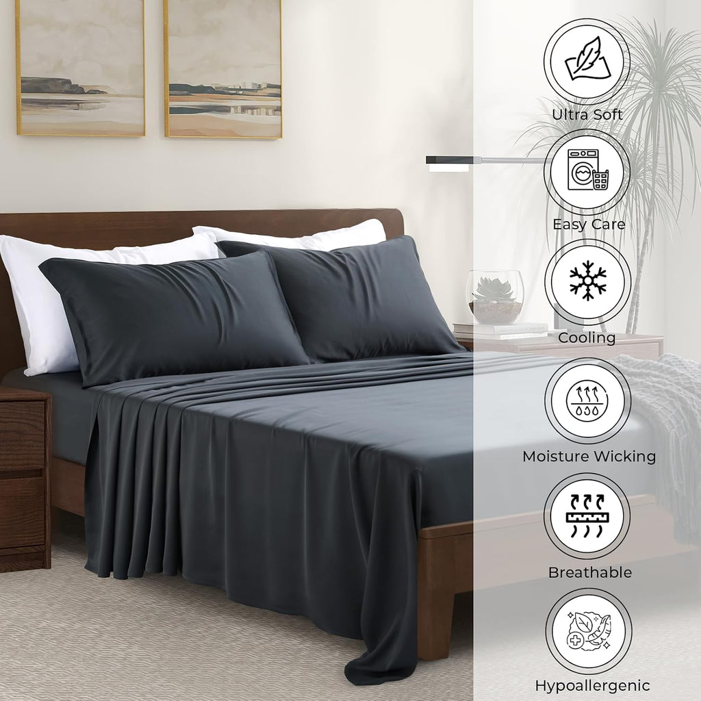 Full Size Sheet Set | 100% Viscose | Organically Grown | Ultra Soft | Cooling Sheets for Hot Sleepers | 17' Deep Pocket [Charcoal Grey]
