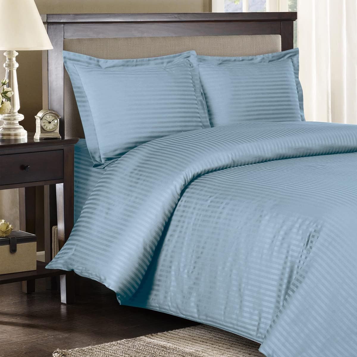 Royal Hotel Bedding Stripe Cotton Duvet Cover Set with Down Comforter Duvet Insert, Queen Size Blue Striped, 300 Thread Count, Soft Cooling Breathable 4PC Bedding Set
