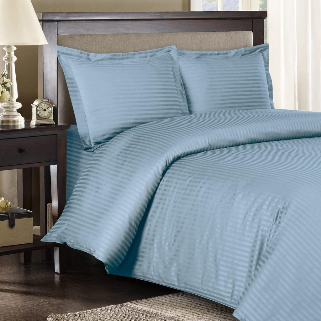 Royal Hotel Bedding Stripe Cotton Duvet Cover Set with Down Comforter Duvet Insert, Cal-King Size Blue Striped, 300 Thread Count, Soft Cooling Breathable 4PC Bedding Set