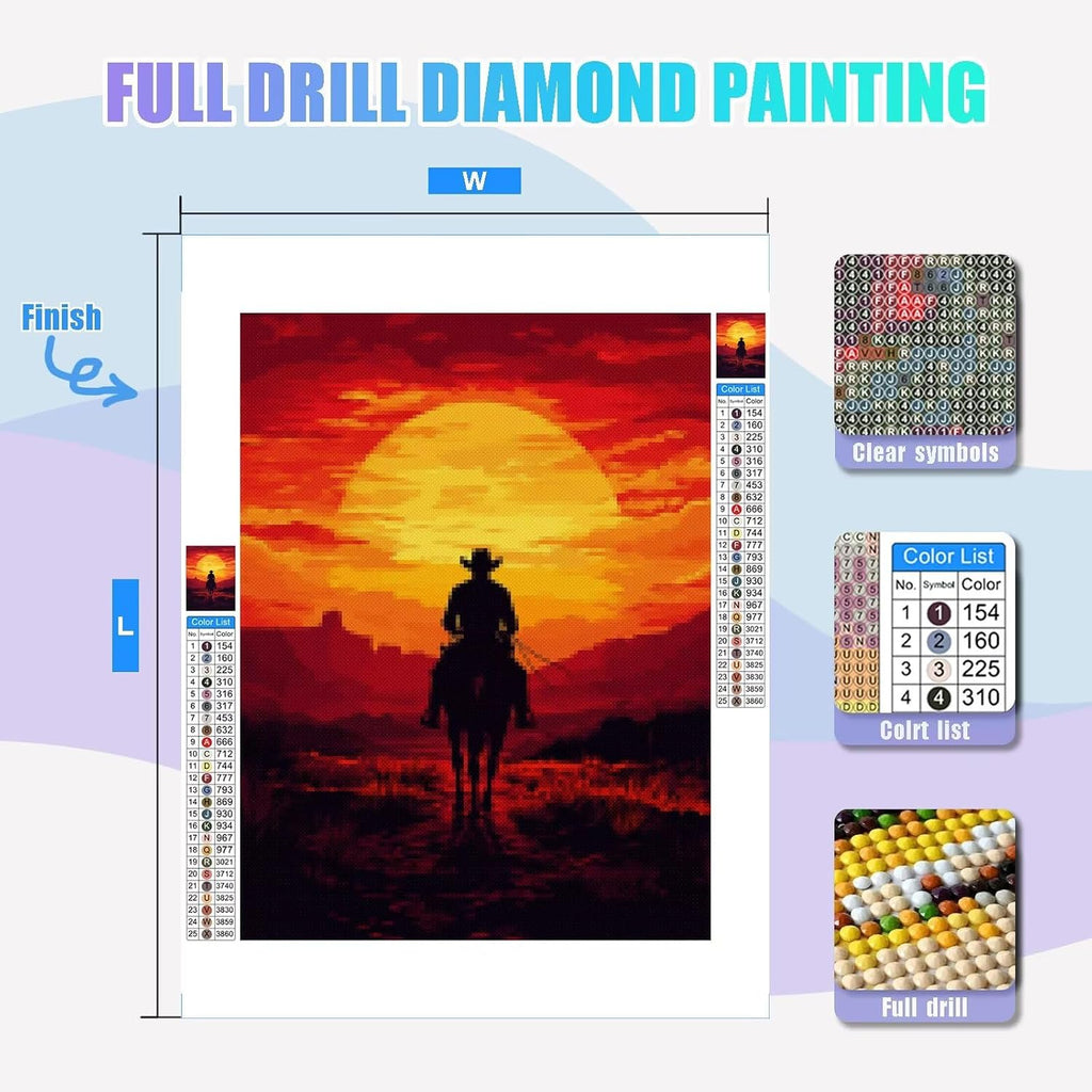 Diamond Art Kits for Adults Sunset Diamond Art Cowboy 5D DIY Round Full Drill Gem Crafts Painting Kits for Adults Beginners，Crystal Rhinestone Mosaic Painting for Home Decor Kids Gift 40x52in KL-688