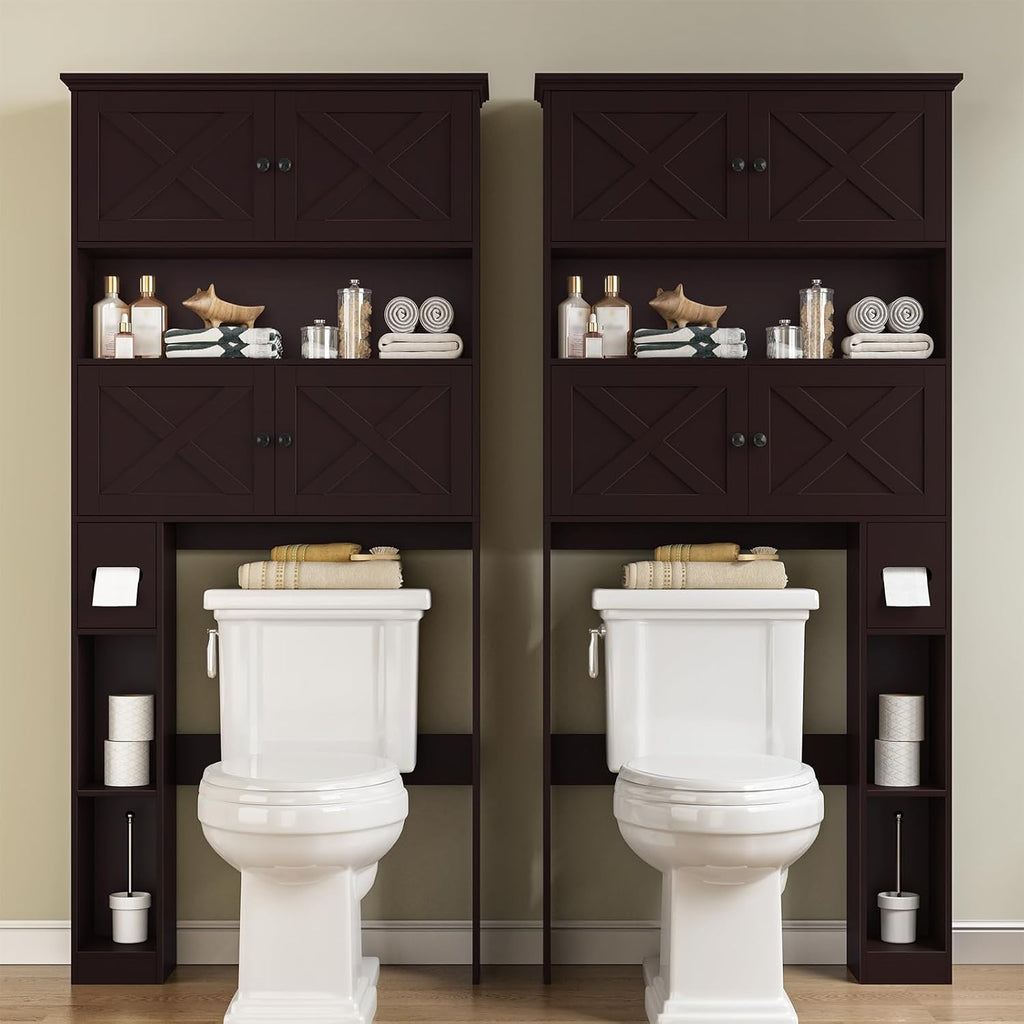 Halitaa Over The Toilet Storage Cabinet, Farmhouse Storage Cabinet Over Toilet with 4 Barn Doors & Toilet Paper Holder Stand, Espresso Toilet Shelf Home Space Saver for Restroom, Bathroom, Laundry