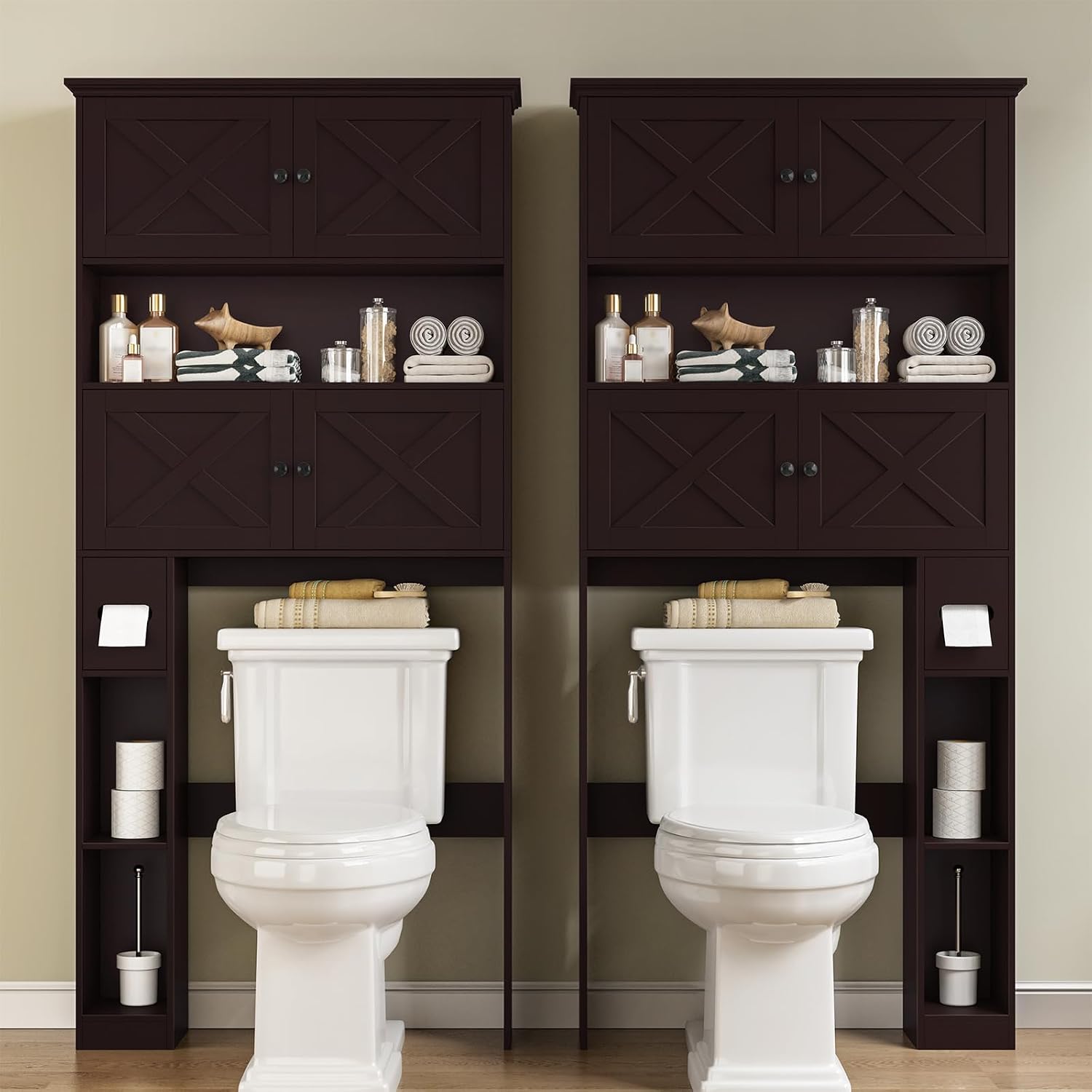 Halitaa Over The Toilet Storage Cabinet, Farmhouse Storage Cabinet Over Toilet with 4 Barn Doors & Toilet Paper Holder Stand, Espresso Toilet Shelf Home Space Saver for Restroom, Bathroom, Laundry