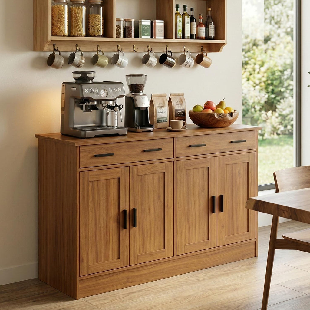Anystyle 53' Rustic Brown Buffet Cabinet with Storage, Kitchen Sideboard Buffet Server with 2 Drawers & 4 Doors, Modern Coffee Bar Cabinet Credenza for Dining Room, Living Room, Hallway
