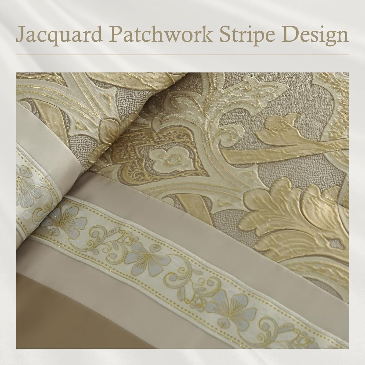 Finlonte Queen Size Comforter Set, Champagne Beige, 7 Piece Bed in a Bag for All Seasons, Luxury Vintage Floral Jacquard Damask Patchwork, Soft Bedding Sets with Bedskirt, Shams and Decor Pillows