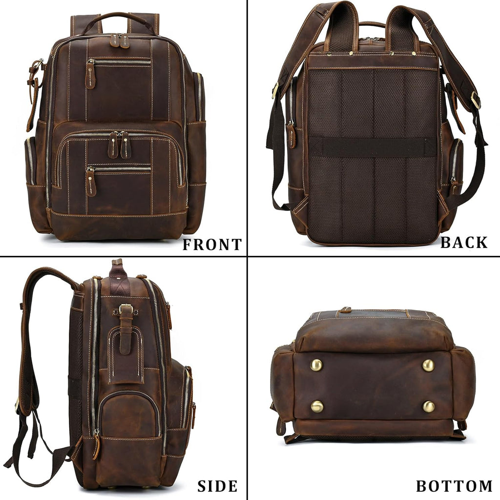 Vintage Full Grain Leather Backpack for Men, 16' Laptop Rucksack For Men Hiking Trave Work Business Bag, 9517 Brown
