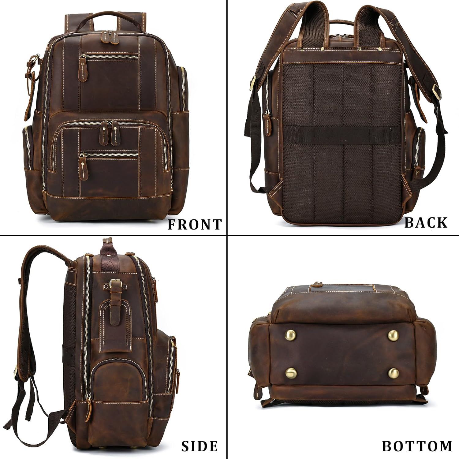 Vintage Full Grain Leather Backpack for Men, 16' Laptop Rucksack For Men Hiking Trave Work Business Bag, 9517 Brown