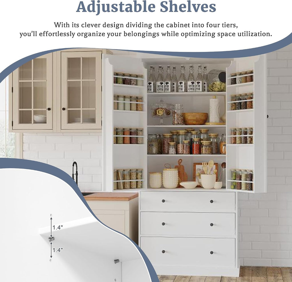 77inch Farmhouse Kitchen Pantry, Wood Storage Cabinet with 3 Adjustable Shelves, Freestanding Tall Cupboard Storage Cabinet with 8 Door Shelves and 3 Drawers for Kitchen, Dining Room (White-1)