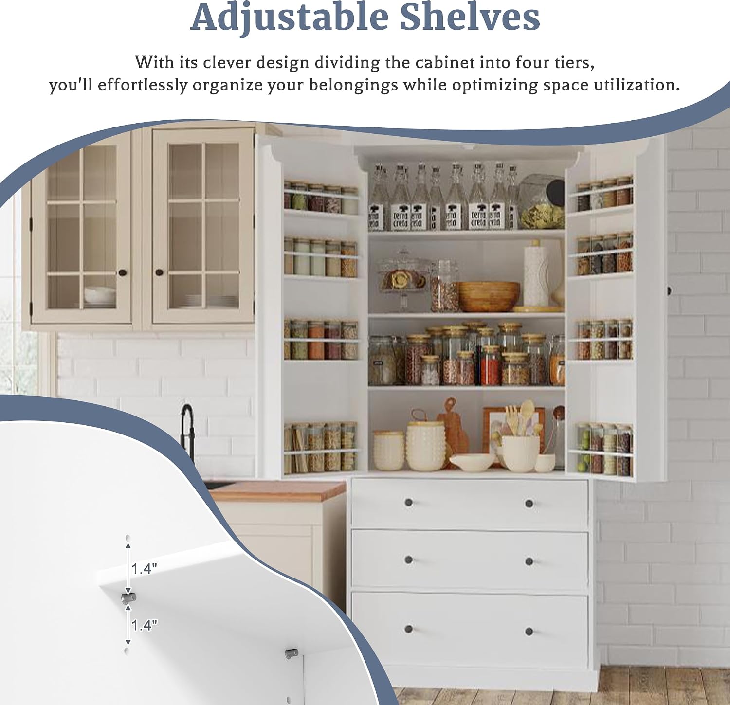 77inch Farmhouse Kitchen Pantry, Wood Storage Cabinet with 3 Adjustable Shelves, Freestanding Tall Cupboard Storage Cabinet with 8 Door Shelves and 3 Drawers for Kitchen, Dining Room (White-1)