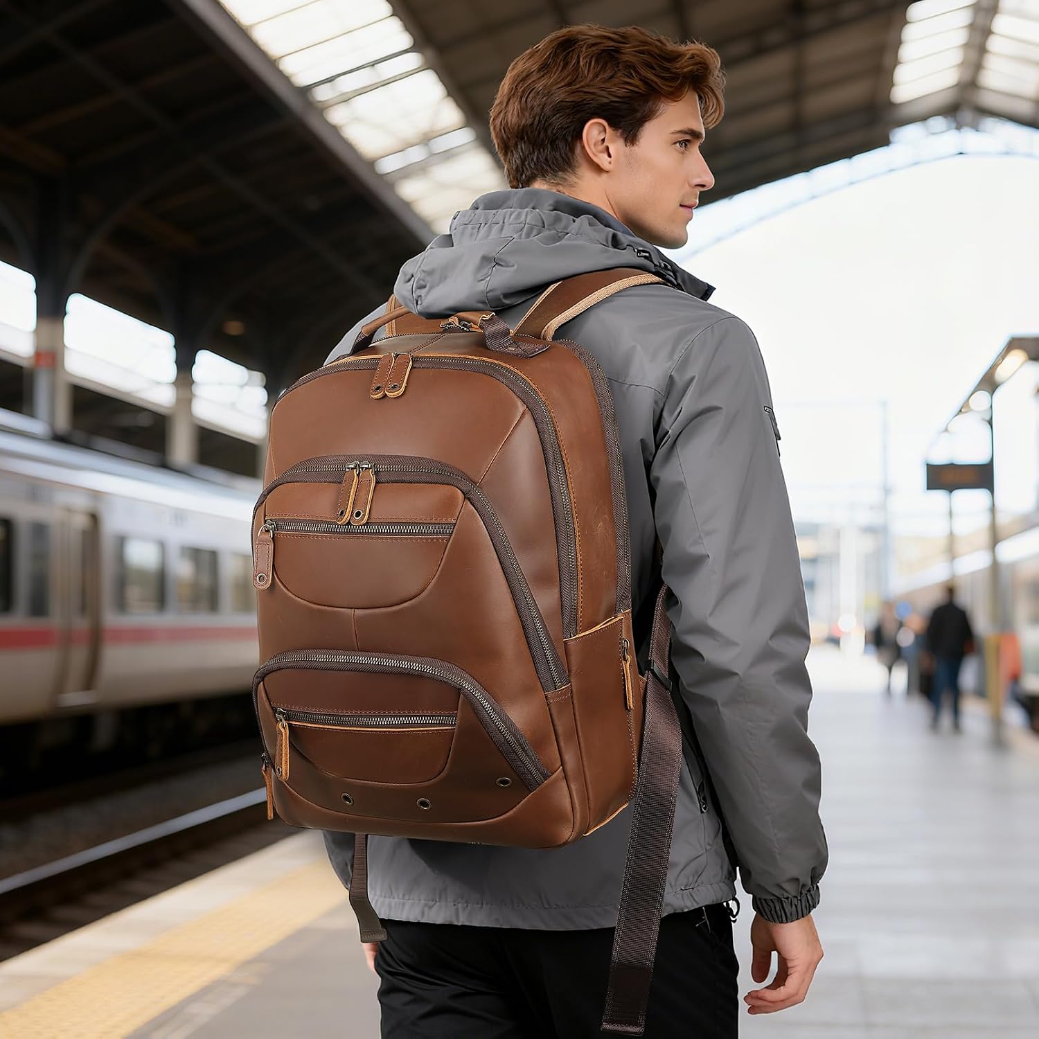 TIDING Leather Backpack for Men Fits 16' 15.6' Laptop, Vintage Business Travel Work Bag Large Overnight Weekender Daypack