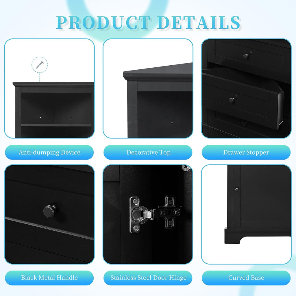 Bellemave Triangle Corner Cabinet, Tall Storage with 3 Drawers & Adjustable Shelves, for Bathroom Kitchen Living Room,MDF Board with Black Painted Finish,68.90' H