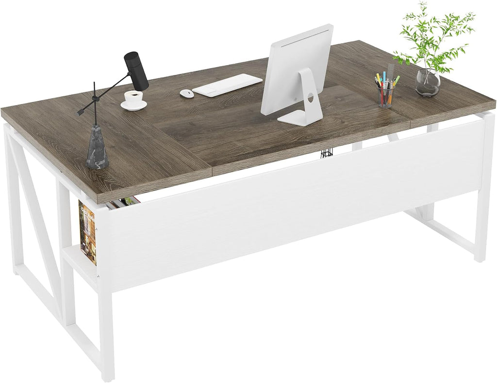 Tribesigns 63 inches Computer Desk with Bottom Storage Shelf Home Office Desk Writing Table for Workstation,Dark Walnut + Steel Leg， Cabinet not Included (Dark Oak, 63-inch-with Shelf)