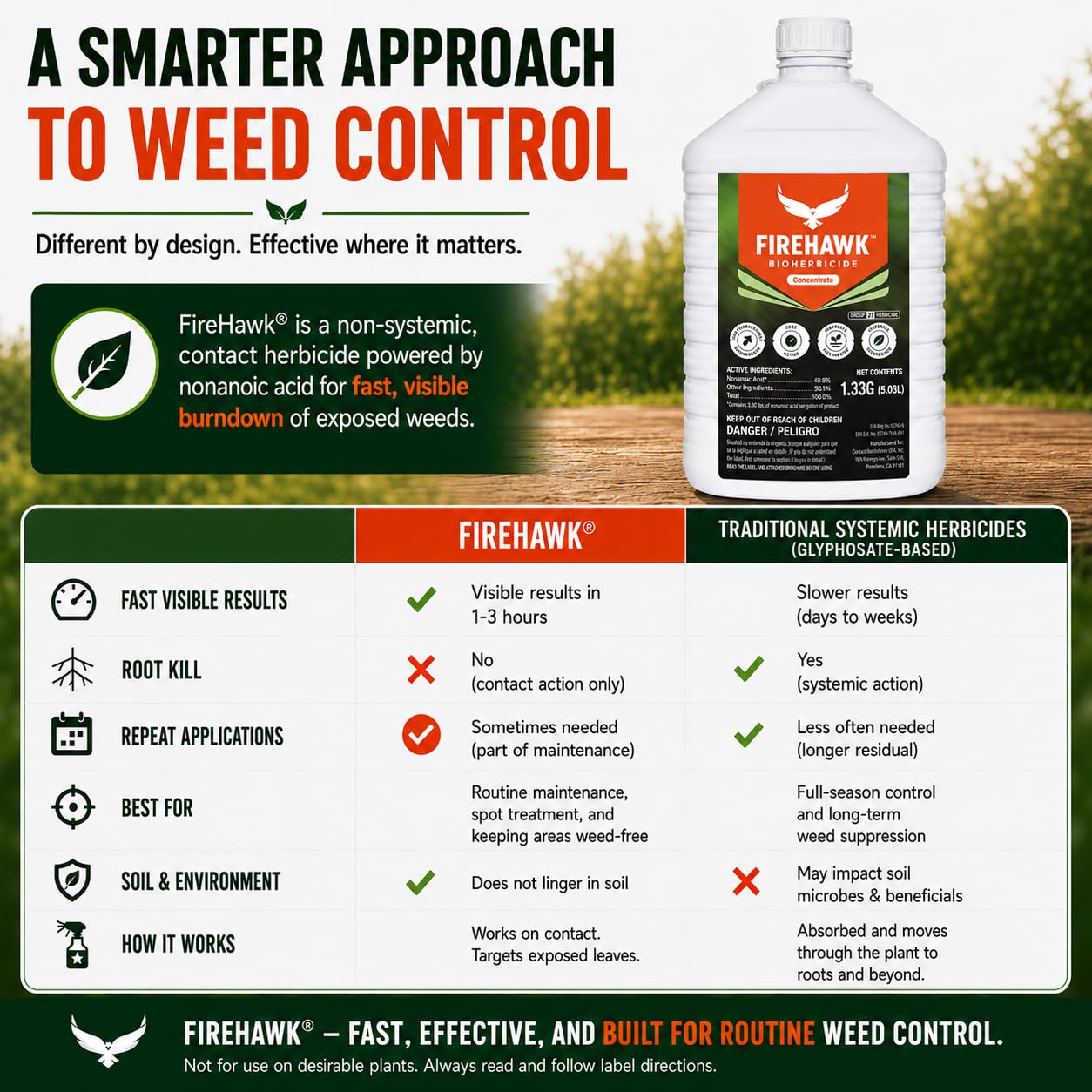 FireHawk® Bioherbicide 1.33 Gal Concentrate – High Performance Weed and Grass Killer – Visible Results in Hours. for the Control of Broadleaf Weeds, Grasses & Mosses – Makes 28 Gallons of Solution