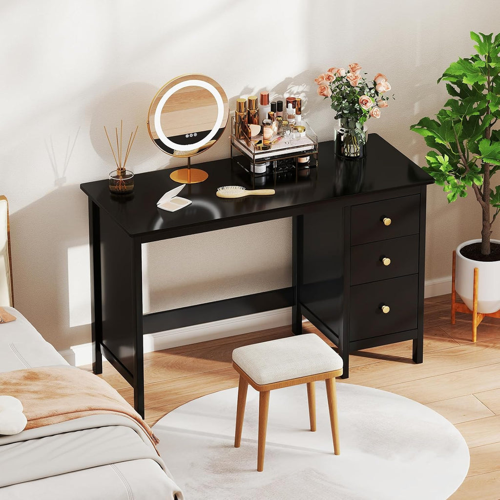 Giantex Black Desk with Drawers, 48 Inch Home Office Desk with Anti-Toppling Device, Multifunctional Computer Workstation, Wood Study Writing Desk for Small Spaces, Bedroom