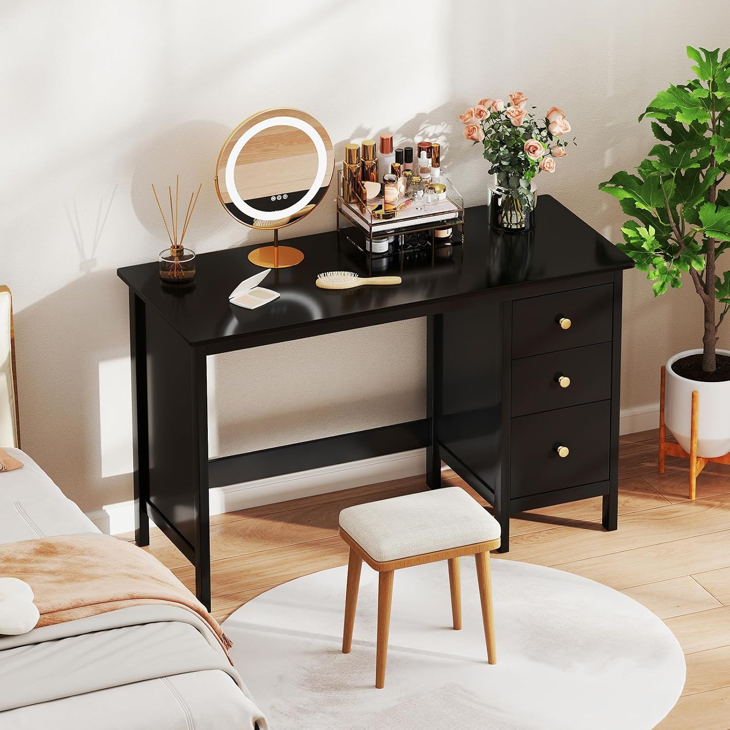 Giantex Black Desk with Drawers, 48 Inch Home Office Desk with Anti-Toppling Device, Multifunctional Computer Workstation, Wood Study Writing Desk for Small Spaces, Bedroom