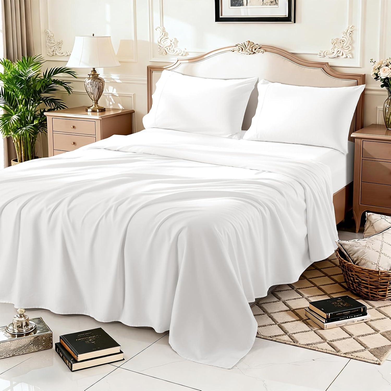 100% Egyptian Cotton Sheet Set 4 Pcs Clifornia King Size Sheets 1000 Thread Count Breathable Soft Bedding Set Fitted Sheet with 16' Deep Pocket (California King, White)