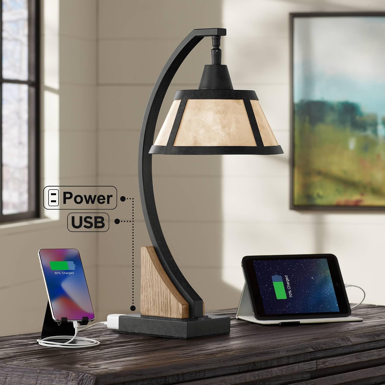 Franklin Iron Works Oak River 22' High Rustic Farmhouse Desk Table Lamp with USB Charging Ports A+C and AC Power Outlet in Base Gray Wash Mica Shade Living Room Bedroom House Bedside Nightstand Home