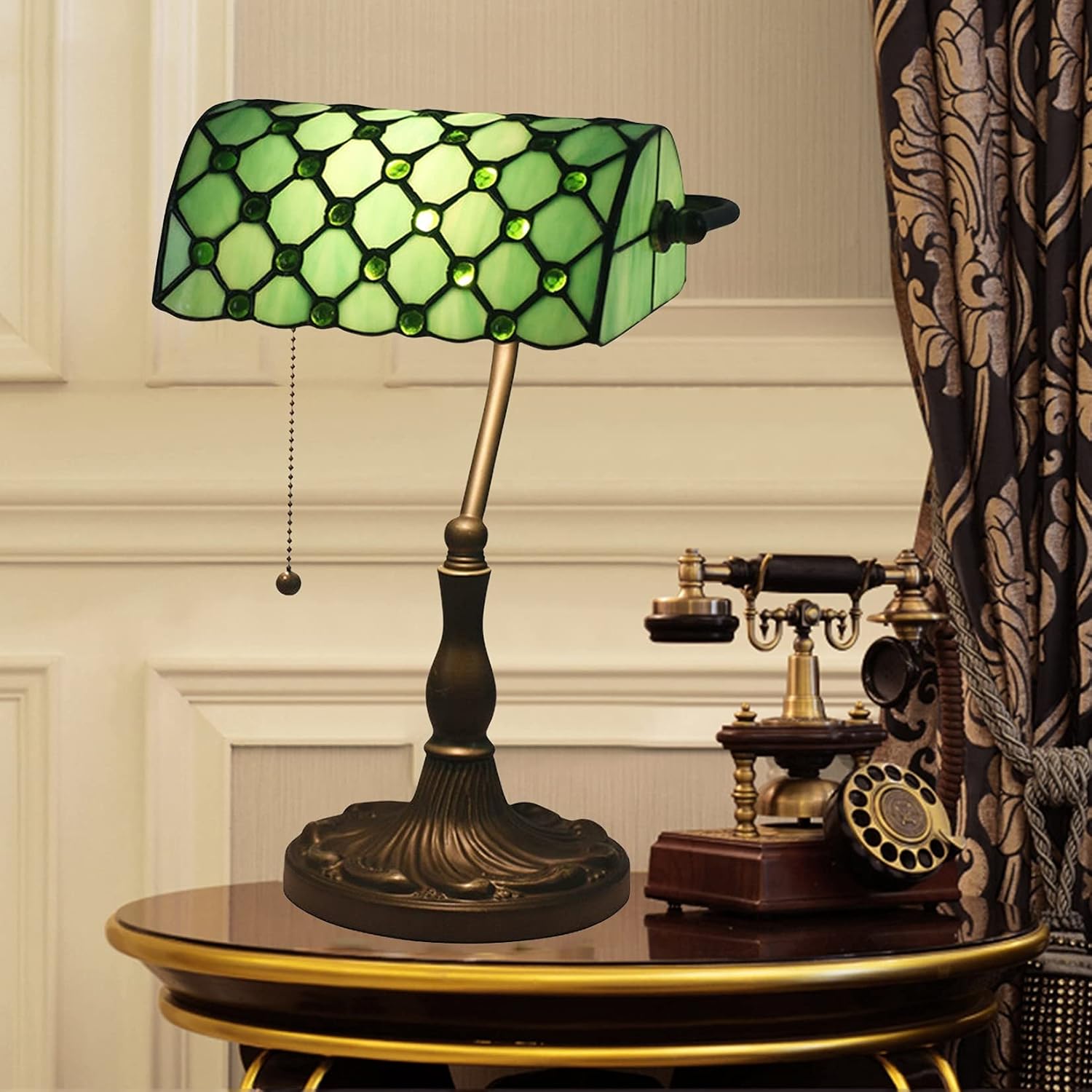 Tiffany Style Bankers Table Lamp Stained Glass Piano Desk Lamp Vintage Bedroom Bedside Lamp for Study,Antique Alloy Base,Zipper Switch,Green a