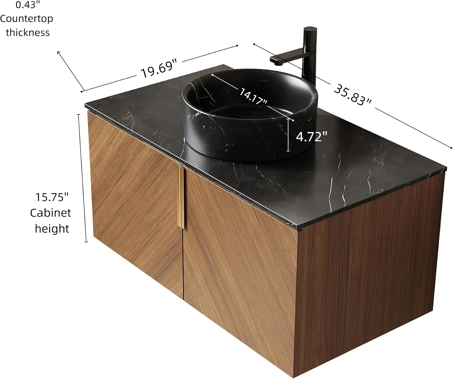 36 Inch Bathroom Vanity with Sink Combo, Floating Vanity Bathroom with Vessel Sink, Modern Bathroom Vanity Cabinet with Doors, Sintered Stone Countertop and Black Round Basin,Brown Oak
