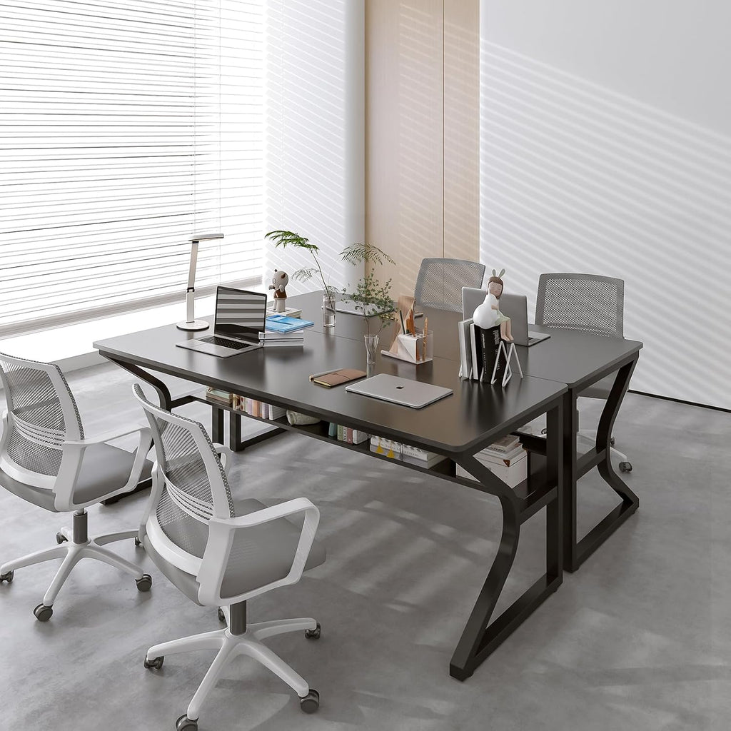 OSCHF Extra Long Desk with Bookshelf - 63' Double Long Writing Table for 2-Person Workstation, Modern Study Work Computer Desk for Home and Office, Black