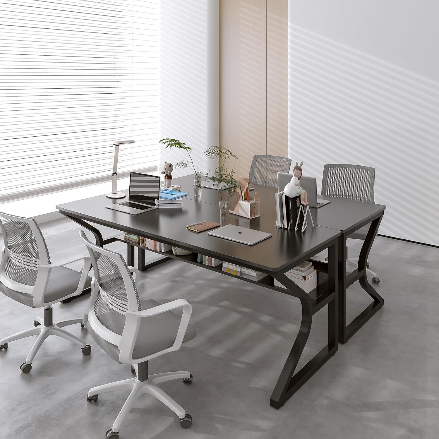 OSCHF Extra Long Desk with Bookshelf - 63' Double Long Writing Table for 2-Person Workstation, Modern Study Work Computer Desk for Home and Office, Black