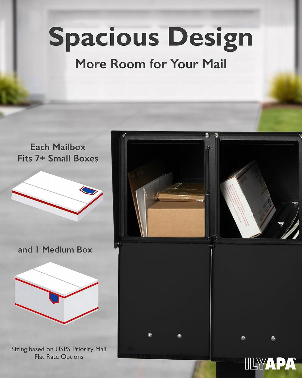 Ilyapa Black Double Mailbox, Post Mount Mailboxes for Outside- Two Sided Mail Box for 2 Houses with Standard Single Mounting, Door Numbering Kit, Outdoor All Weather with Magnetic Doors