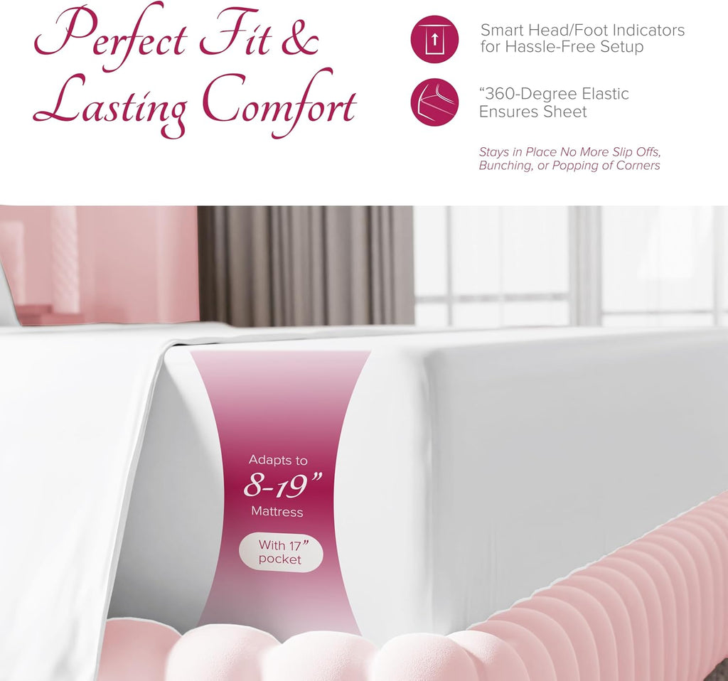 Carressa Linen 100% Egyptian Cotton Queen Sheet Set - Luxury 1200 Series Rose Collection Egyptian Cotton Sheets Queen Size (4 PC, White), Silky Soft, Cooling, Sateen 17' Deep Pocket Bed Set