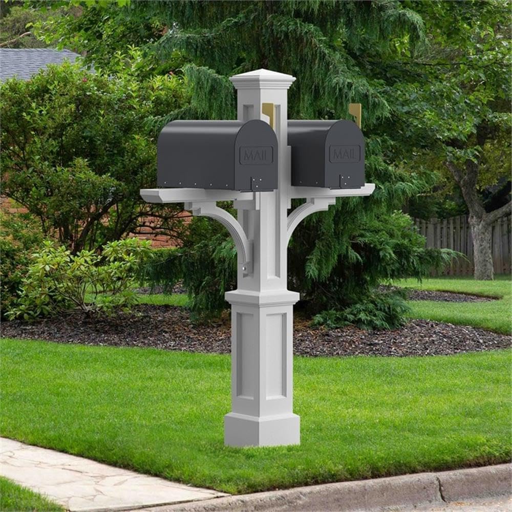 Pemberly Row Contemporary Plastic Mail Post, 56.5' H, Double Arm Traditional Style, Weatherproof, UV Resistant, White Finish, Decorative Mailbox Support Arms for Residential or Commercial Use
