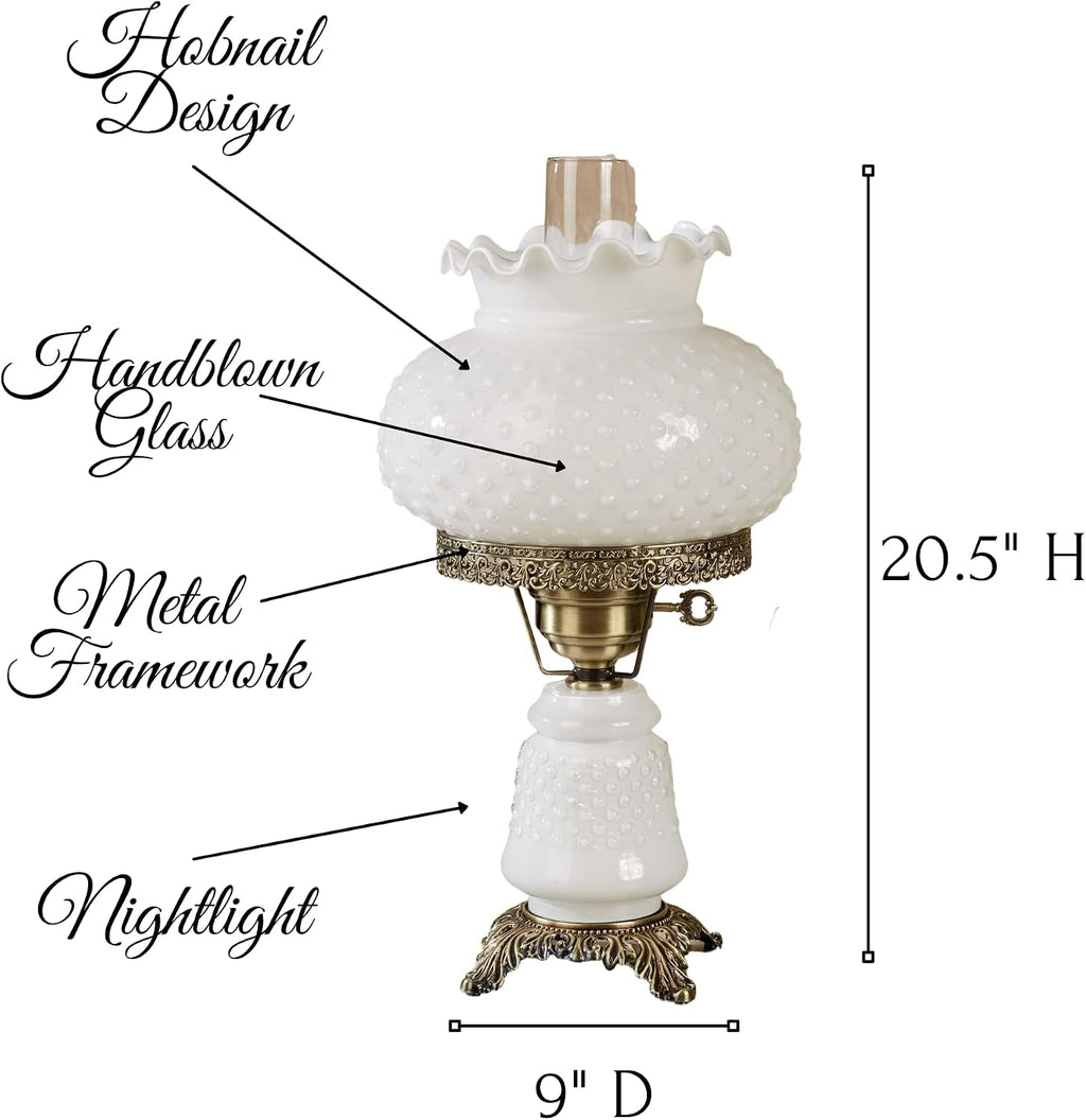 Touch of Class Mindy Hobnail Glass Table Lamp - White Shade - Handcrafted Globe - Blown by Hand - Hurricane Chimney Style - Victorian Lamps for Desk, Bedroom, Living Room