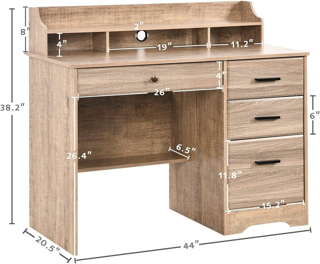 HOMBCK Computer Desk with 4 Drawers and Storage, Small Office Desk with File Drawers and Hutch, Farmhouse Wood Writing Student Table for Home Office, Bedroom, Wooden Grey