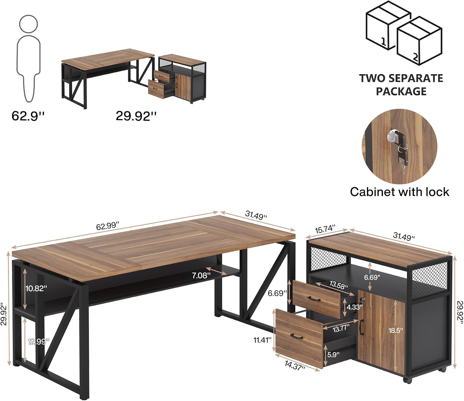 Tribesigns 63' Executive with Drawer Cabinet, L Shaped Desk and Lock lateral File Cabinet, 2 Piece Home Office Furniture Set with Drawers for Hanging File, (Brown, 63 inches)