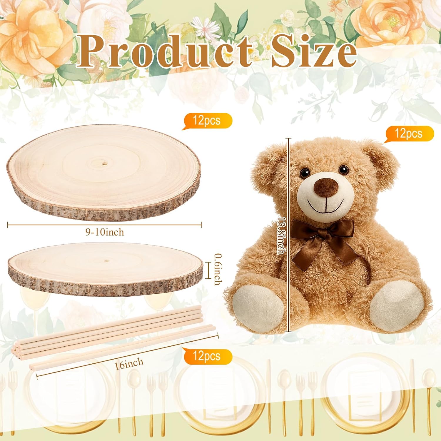 Canlierr 12 Set Bear Centerpieces for Baby Shower Decor Includes Bear Wooden 23-26in Rounds Circles Slices with Stick DIY Craft Birthday Wedding Gender Party Table Decorations, Khaki