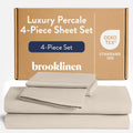 Brooklinen Luxury Percale Sheet Set - 4 Piece 100% Cotton Bed Sheets - 1 Fitted & 1 Flat Sheet, 2 Pillowcases - Cotton Percale Sheets for Hot Sleepers (Queen Size, Beige)