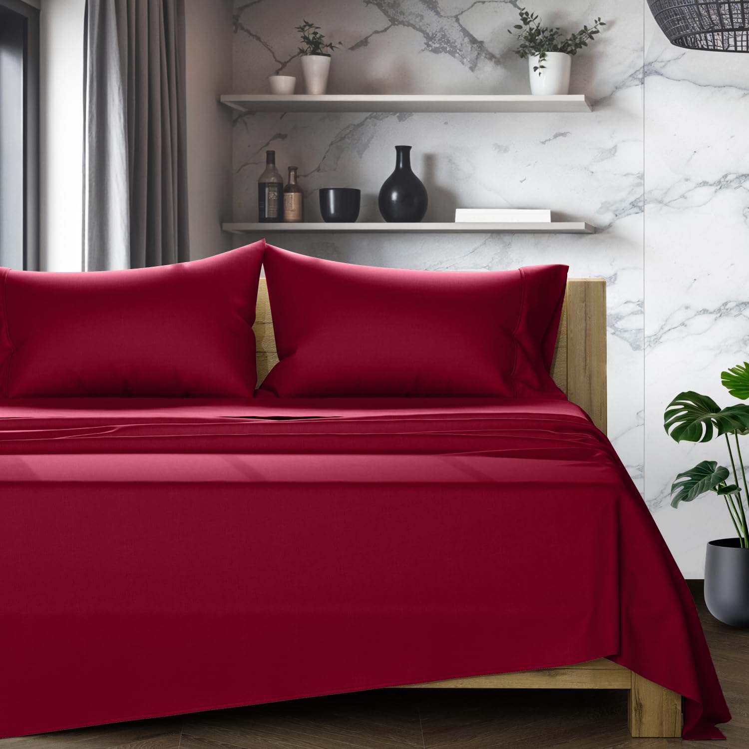TEXAS LINEN CO. 100% Egyptian Cotton Queen Sheets Set - Luxury 1200 Series Star Sleepin' Collection Egyptian Cotton Sheets Queen Size (4 PC, Burgundy), 17' Deep Pocket, Cooling Sateen Hotel Bedding