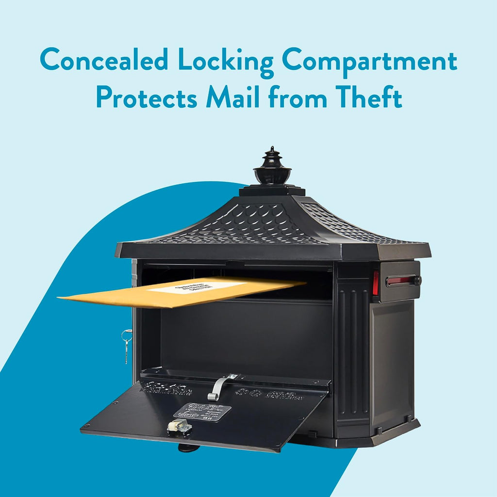 Architectural Mailboxes Hamilton™ Secure, Locking USPS Approved Heavy Duty, Cast Aluminum Metal Post Mounted Mail Box for Outside, Black Large Curbside Mailbox with Magnetic, Lockable Double Doors