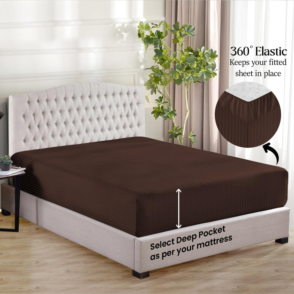 1000 Series- Extra Long Staple 100% Egyptian Cotton Sheet Set,Sateen Weave, Hotel Quality Soft Luxury Bedding, Queen Size 4 Piece Sheet Set Fit 15' Inch to 18' Deep [Stripe Chocolate]