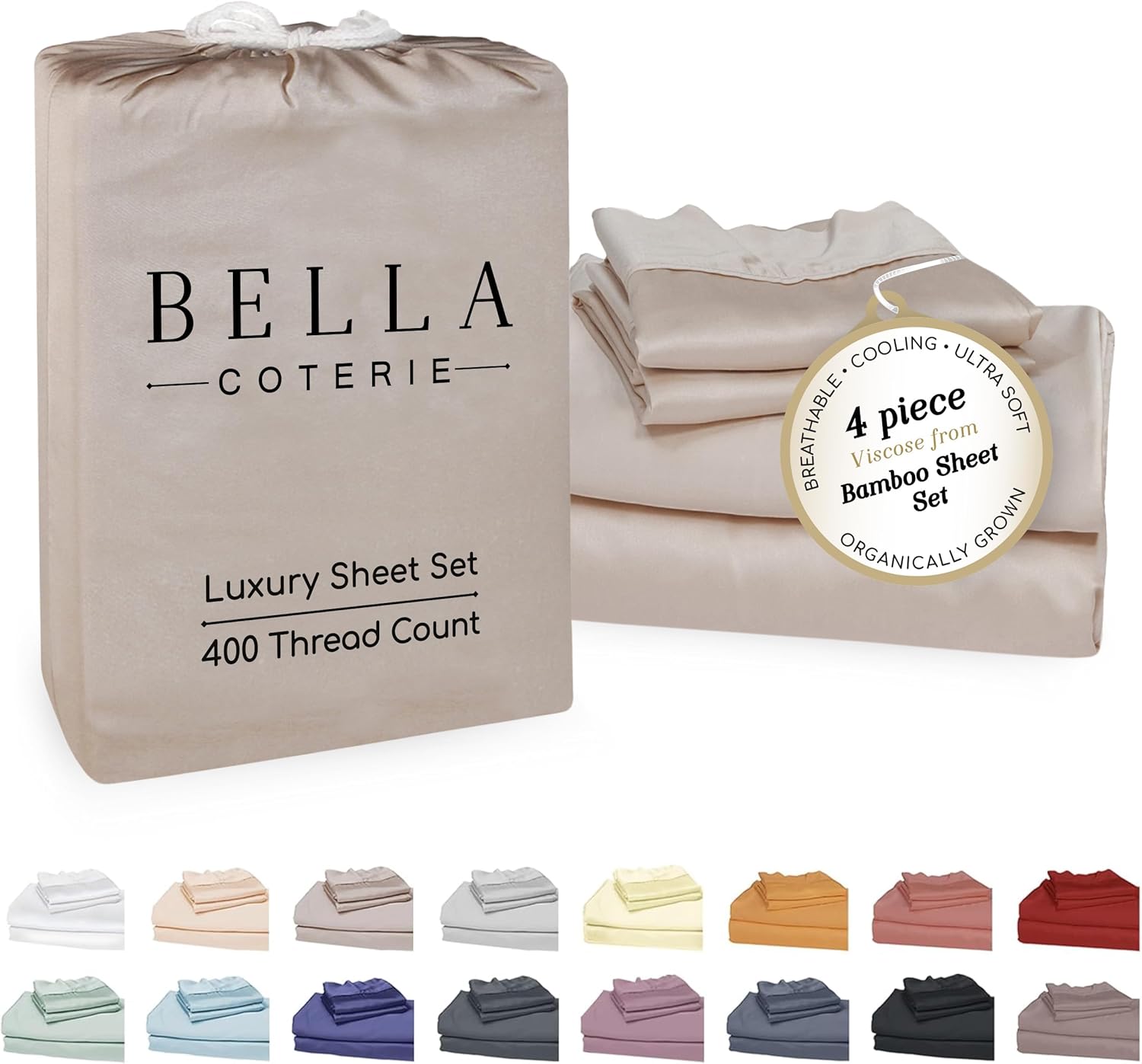 Bella Coterie Luxury Bamboo Viscose Queen Size Sheet Set | 100% Organically Grown | Ultra Soft | Cooling for Hot Sleepers | 18' Deep Pocket [Dune]