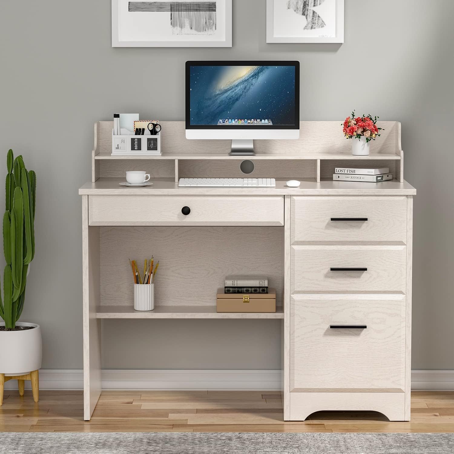 White Home Office Desk with 4 Drawers & Hutch, Computer Table for Bedroom, Off-White