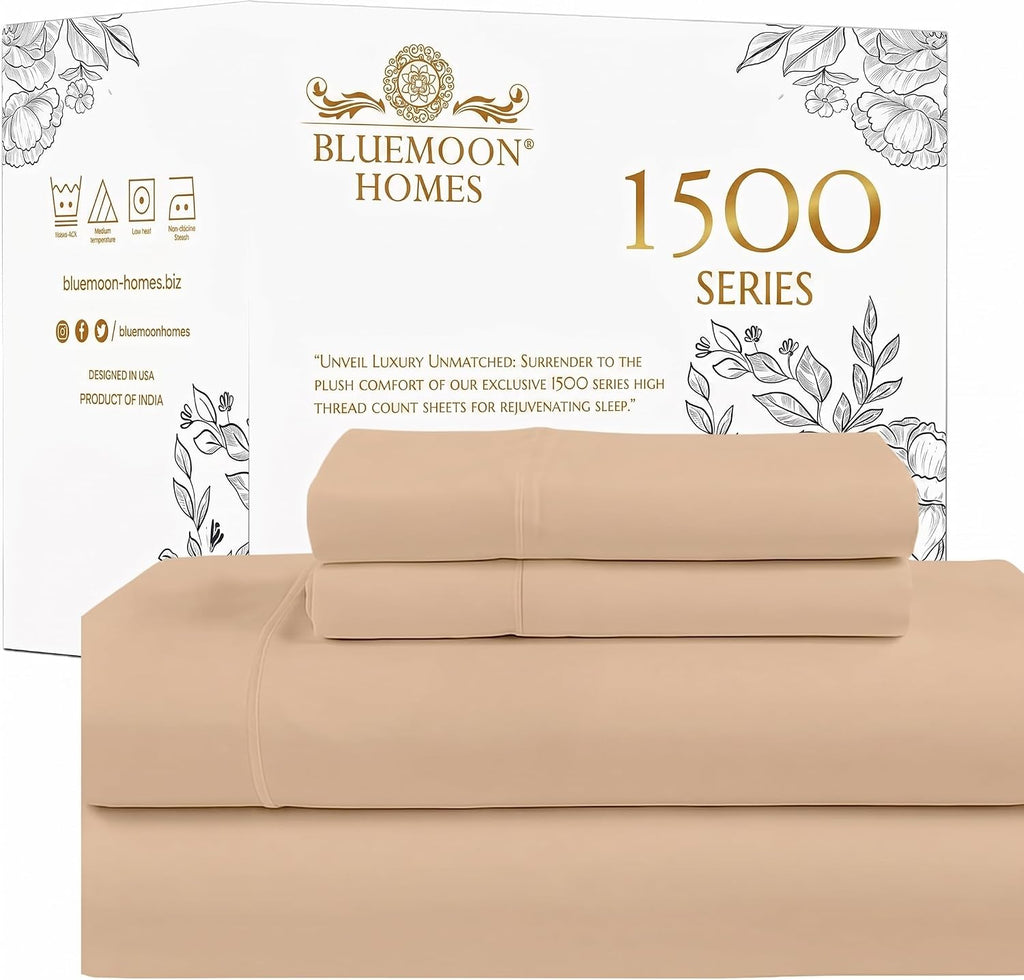 Bluemoon Homes Queen Size 4 Piece Sheet Set - 100% Egyptian Cotton Sheets - 1500 Series - Breathable & Cooling - Hotel Luxury Bedding Set - 16' Deep Pockets, Queen Sheet - Beige