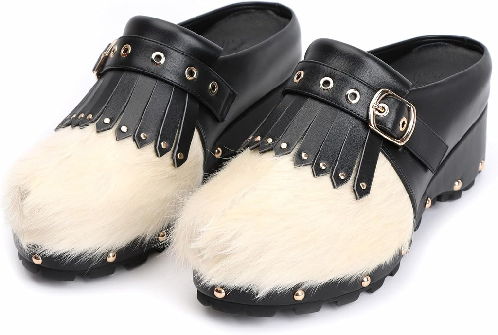 XOBZJH Women's Cowhide Platform Clogs – Calf Hair & Leather Patchwork Mules with Rivets, Arch Support, Memory Foam Insole, Chunky Western Mules for All-Day Comfort