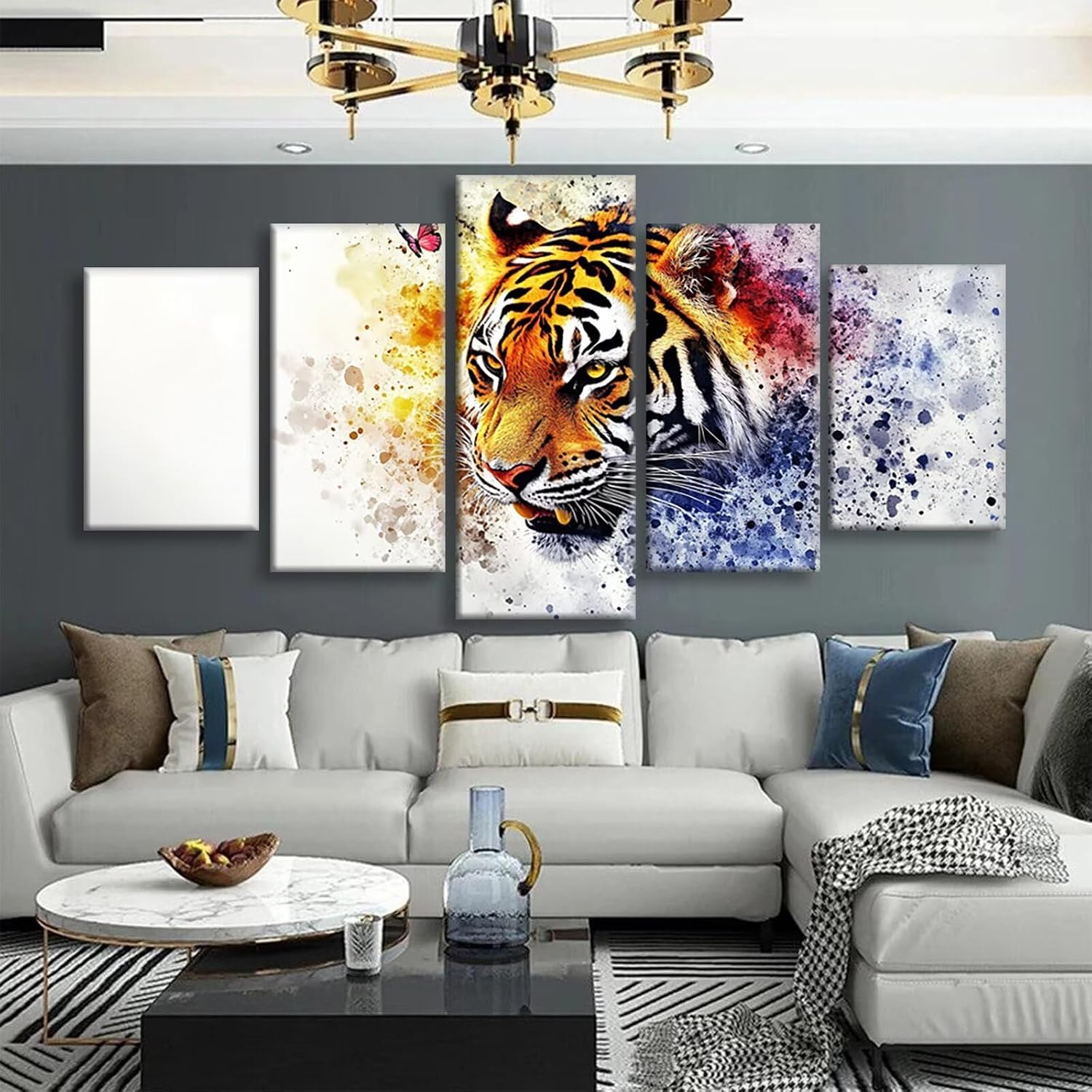 Tiger Diamond Art 5 Piece Diamond Painting Animal 5D DIY Full Square Drill Dimond Art Paintings Rhinestones Crafts for Adults Gem Painting for Home Decor, Large Artwork for Wall 40 x 80 Inch, Model276