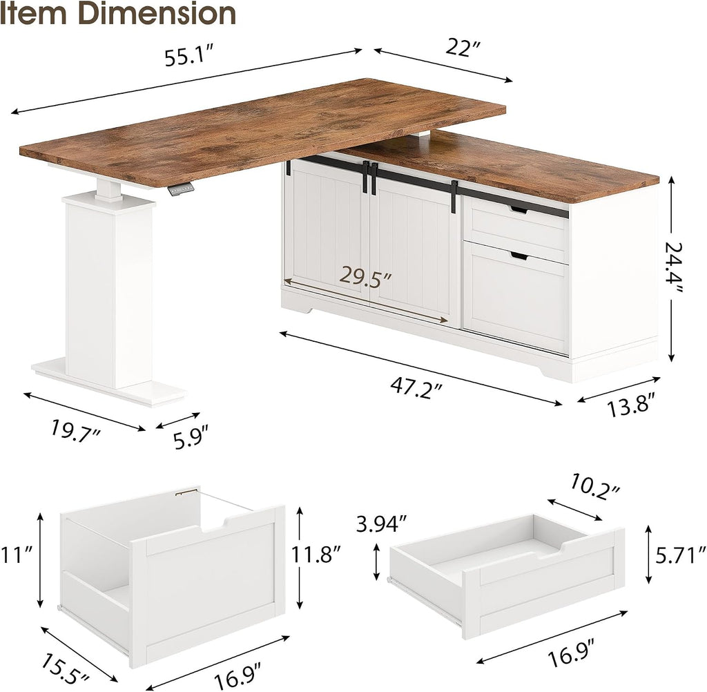 Whalefall L Shaped Standing Desk with Drawers, Height Adjustable Farmhouse Executive Computer Desk, Corner Desk with Cable Management and File Storage for Home Office, White