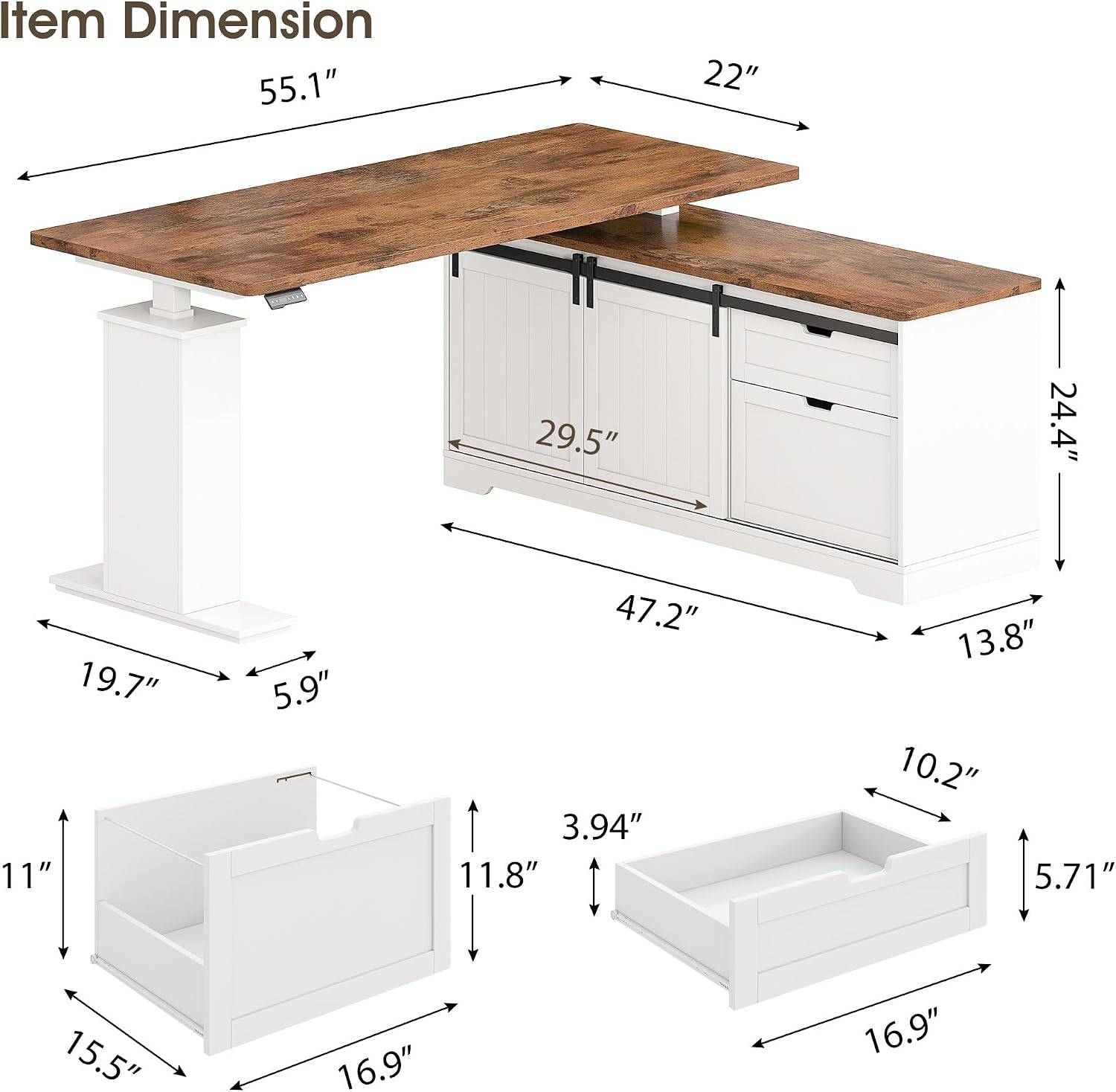 Whalefall L Shaped Standing Desk with Drawers, Height Adjustable Farmhouse Executive Computer Desk, Corner Desk with Cable Management and File Storage for Home Office, White