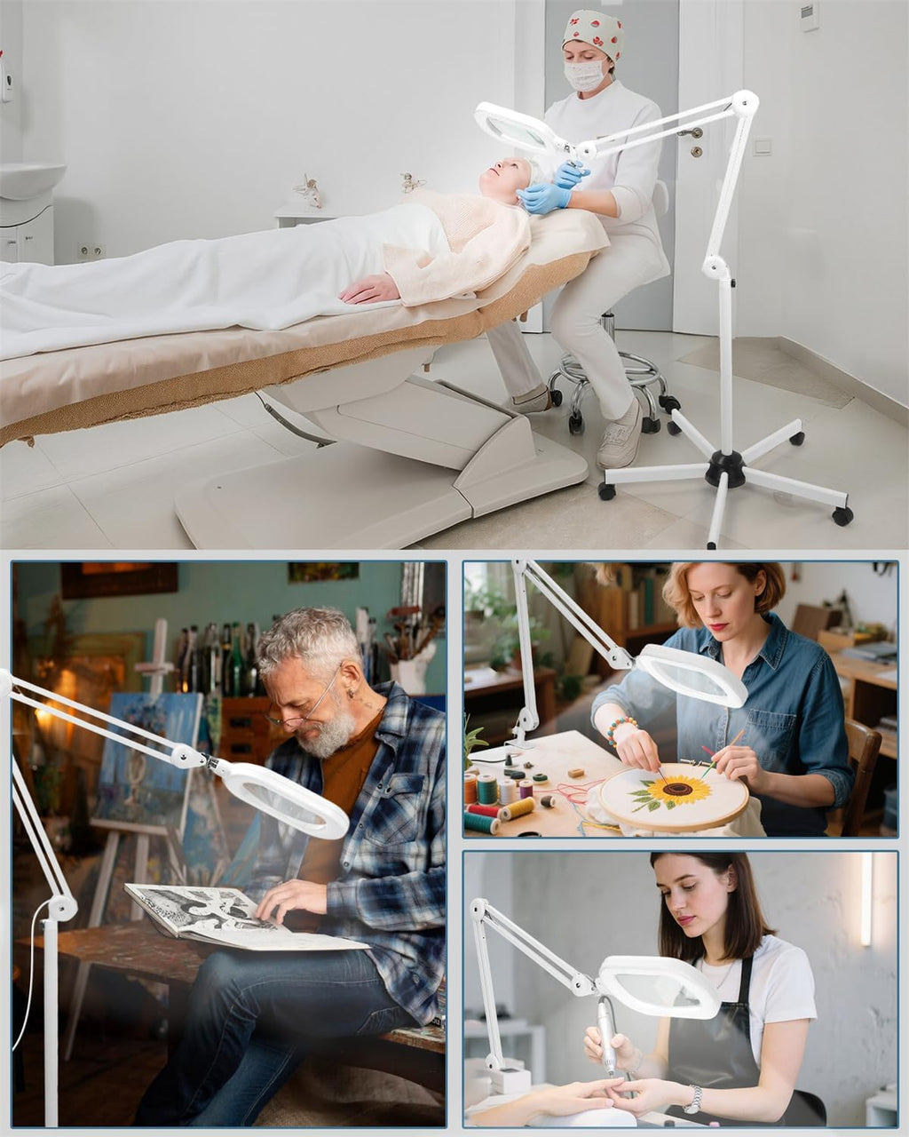12X Magnifying Glass with Light and Stand, Large Rectangle Optical Glass Lens Floor lamp with 5 Wheels Rolling Base, 5 Color Modes LED Lighted Hands Free Magnifier for Reading Esthetician Facial Craft