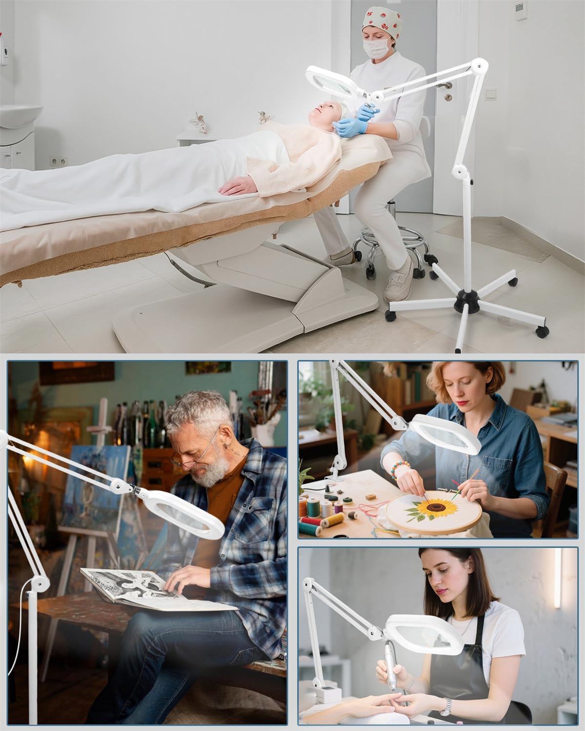 12X Magnifying Glass with Light and Stand, Large Rectangle Optical Glass Lens Floor lamp with 5 Wheels Rolling Base, 5 Color Modes LED Lighted Hands Free Magnifier for Reading Esthetician Facial Craft