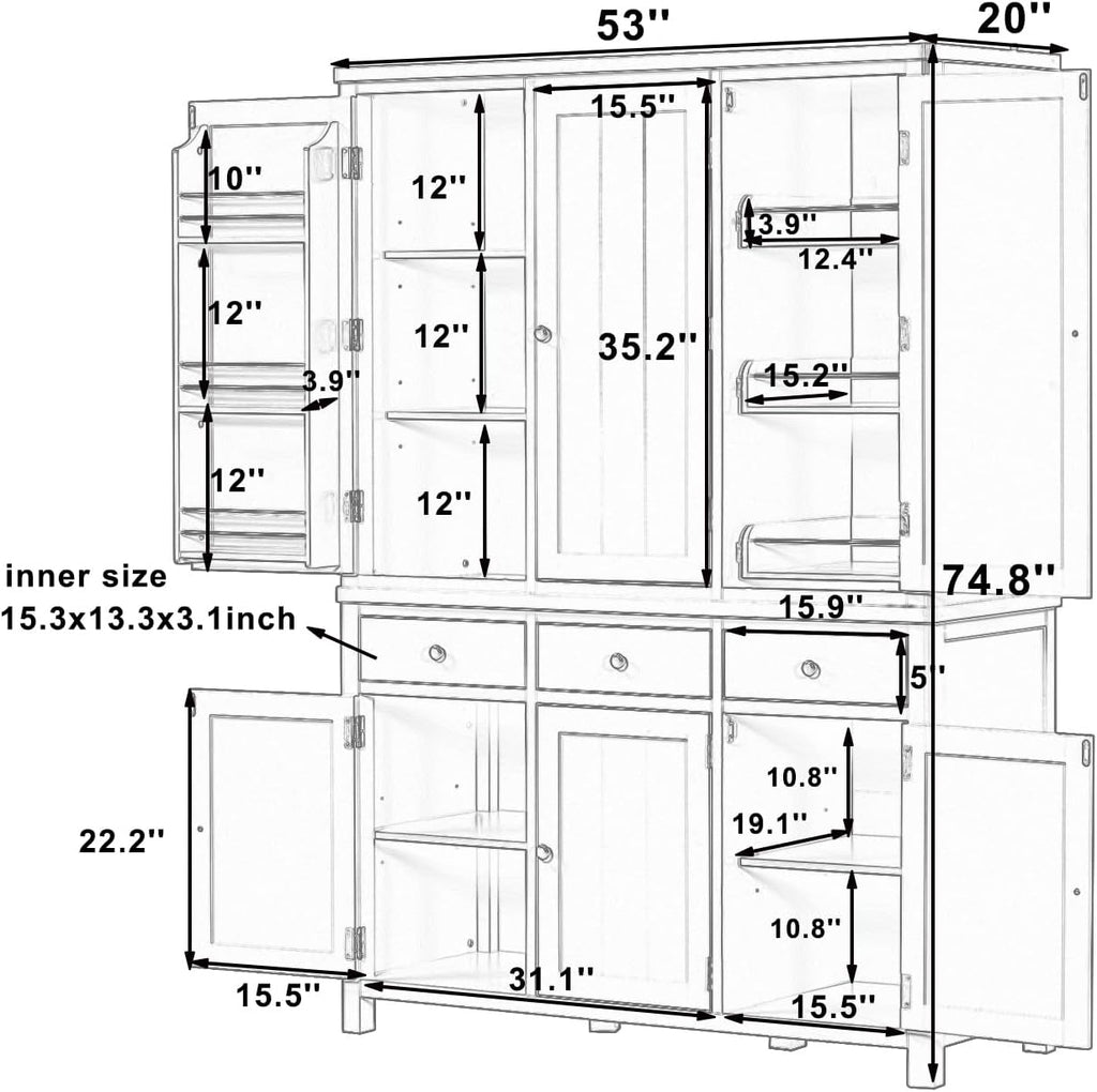 Farmhouse 74.8''H High Freestanding Kitchen Pantry, 53''Lx20''W Wooden Large Cupboard Storage Cabinet with Door Shelves, Adjustable Shelves, Pull-Out Trays and Drawers (White-6ds)
