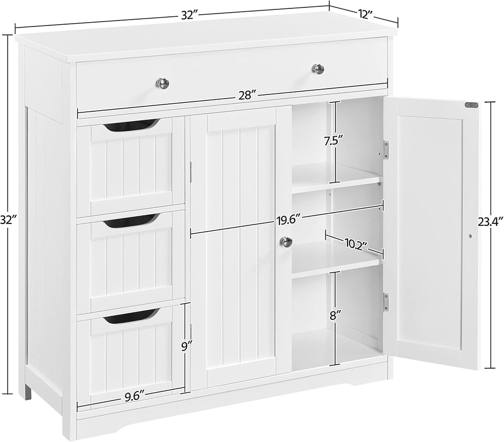 Topeakmart Bathroom Free-Standing Floor Cabinet, Practical Storage Cabinet with 4 Drawers and 2 Doors for Kitchen, Entrance Area, Living Room, Adjustable Shelves, Ample Space White